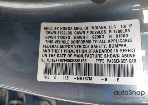 2012 Honda Civic Ex from USA, damaged, VIN 19XFB2F85CE385158